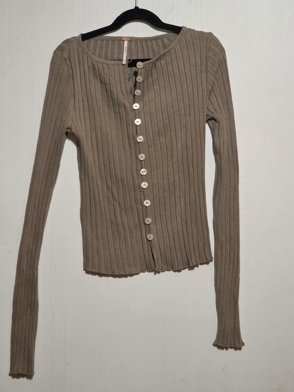 Free People Bruno Button Front Ribbed Knit Long Sleeve Henley Top Taupe Gray XS
